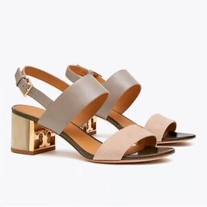 Tory Burch Gigi Sandals 10M Gray Leather & Suede Logo Heel Block Slingback